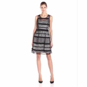 Jessica Simpson Lace-Overlay Fit-and-Flare Dress Polka Dot Black White Stripes 6